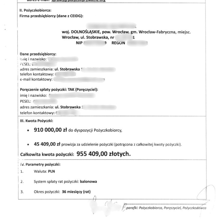 Fragment umowy pożyczki: 910 000 zł do dyspozycji pożyczkobiorcy, 45 409 zł prowizji, całkowita kwota pożyczki 955 409 zł